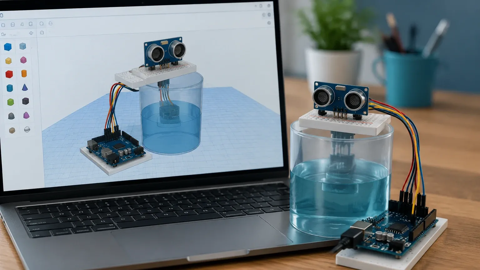 Ultrasonic Water Level Indicator Tinkercad visual guide